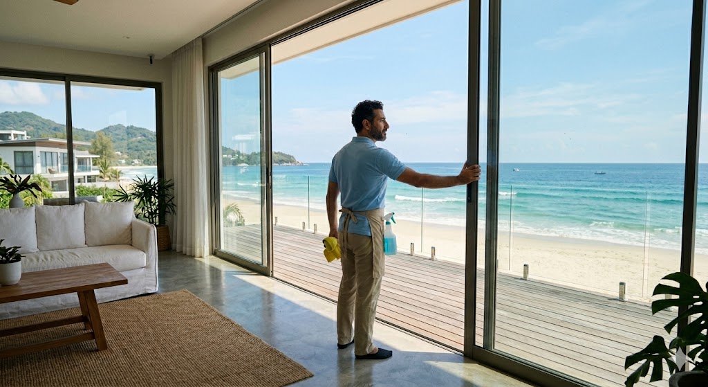 A photo looking out from a sunlit modern beach villa, where a cleaner opens large floor-to-ceiling glass doors to a stunning panoramic beach and turquoise sea view, indicating a thorough dusting of a coastal home opening.