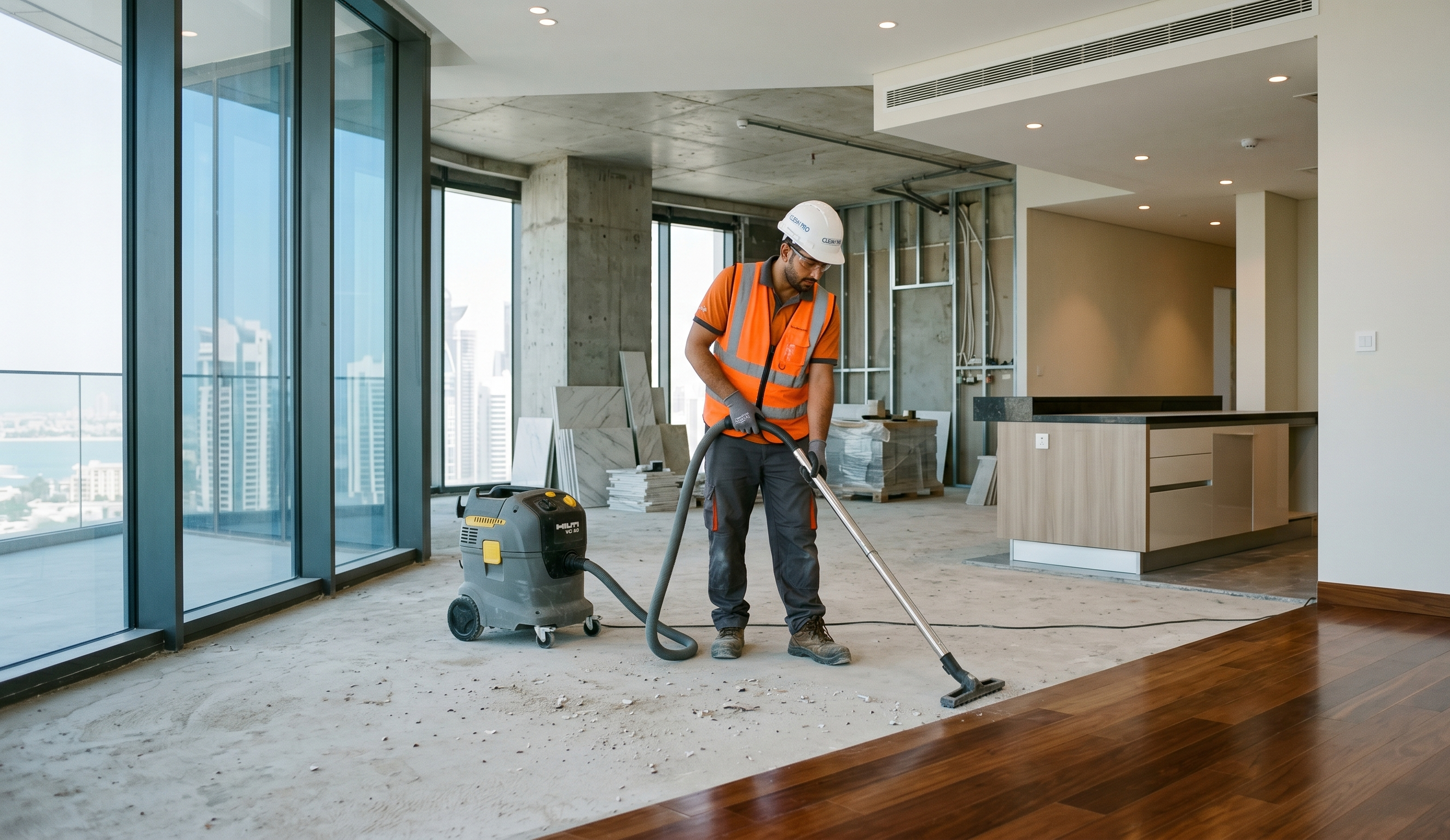 A photograph of a modern apartment under construction, where a professional cleaner in protective gear uses a powerful vacuum to clean debris and dust, contrasting with pristine surfaces.