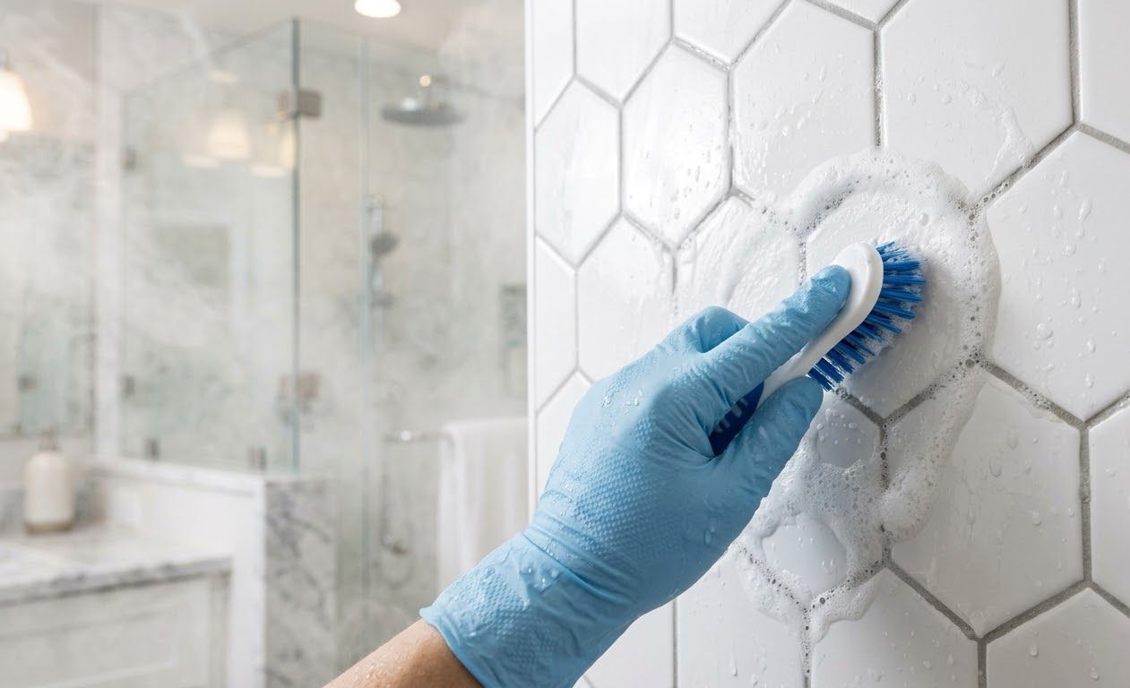 A detailed photo of a gloved hand scrubbing grout lines in a pristine bathroom, with steam and cleaning bubbles.