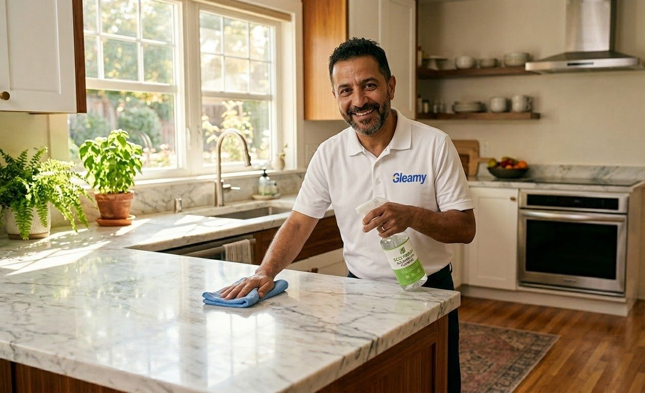 A warm, sunlit domestic scene in a kitchen where a friendly, professional cleaner smiles while wiping down a beautiful marble island countertop with a microfibre cloth and a spray bottle.